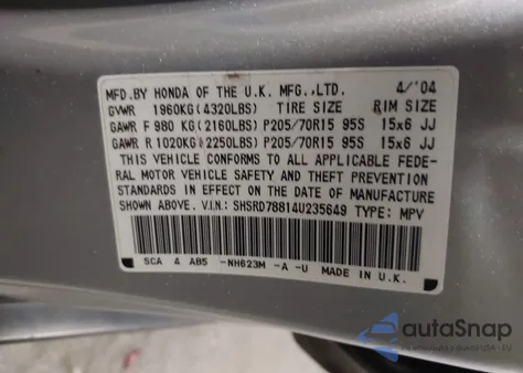 2004 Honda Cr-V Ex из США, поврежденный, VIN SHSRD78814U235649